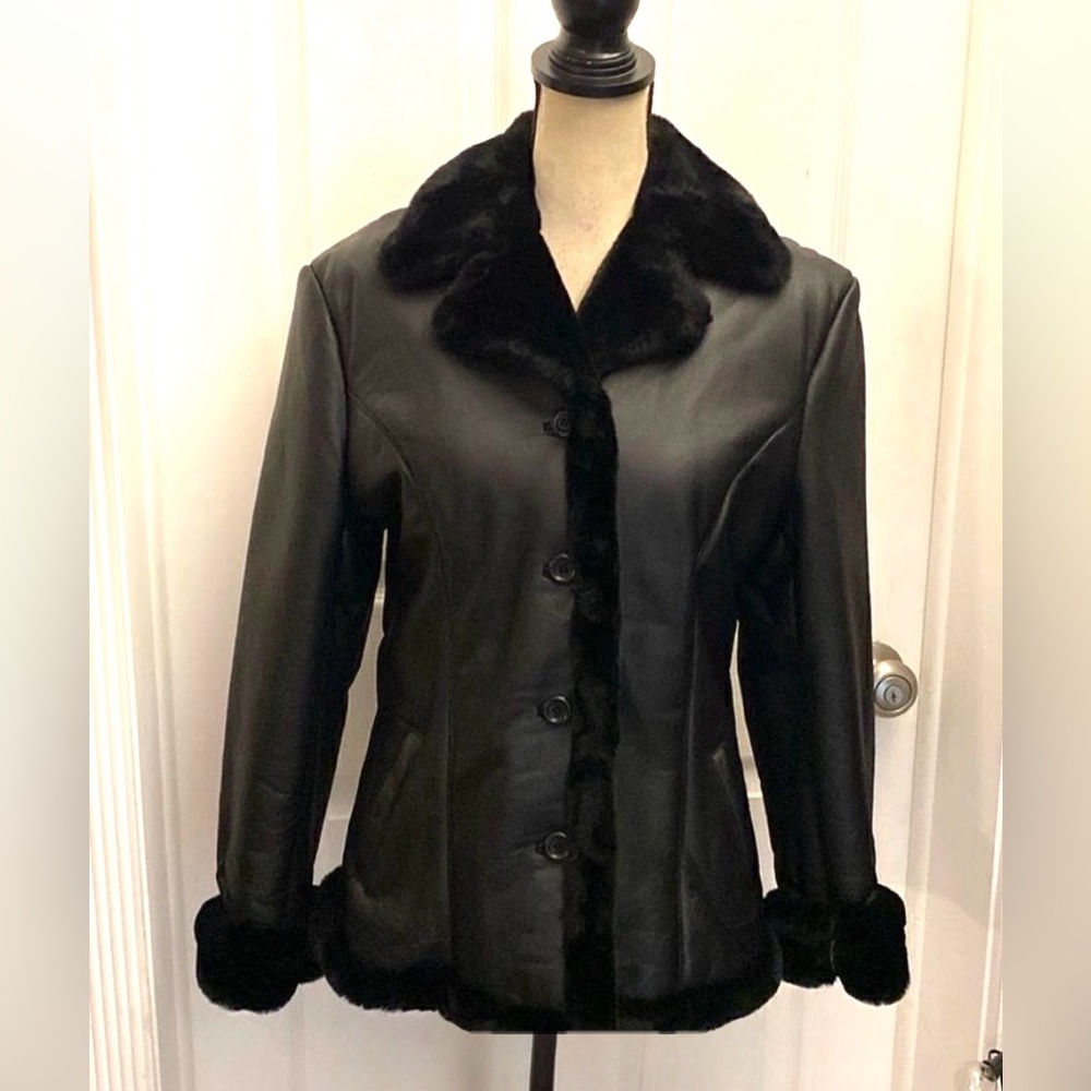 Black Leather Faux Fur Trim Women's Jacket